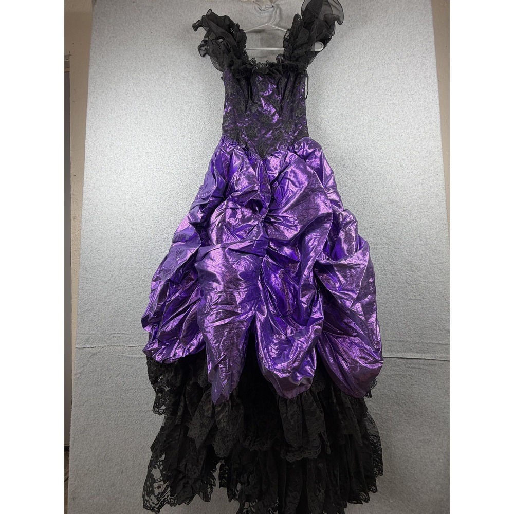 Vintage Loralie Dress Womens 6 Purple Black Lace Ruched Prom Ball Gown 80s